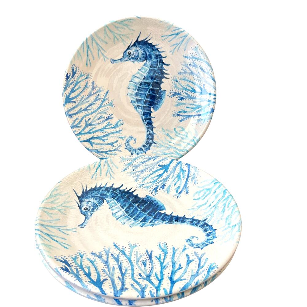 Coastal Collection Seahorse Melamine Dinner Plates 11in Set of 4 Blue White NEW